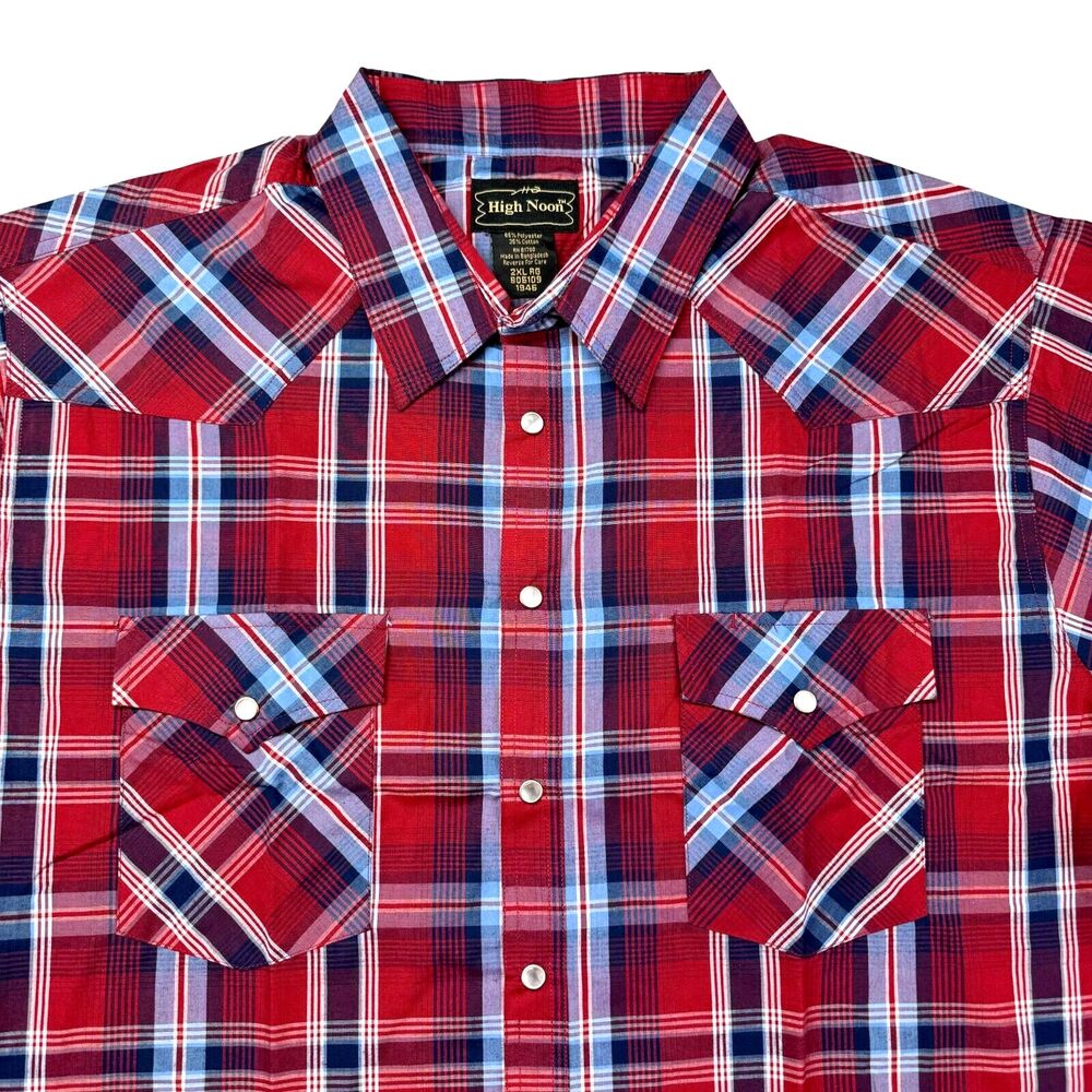 High Noon Shirt Men’s 2XL Blue Red Plaid Western Pearl Snap Short Sleeve Casual